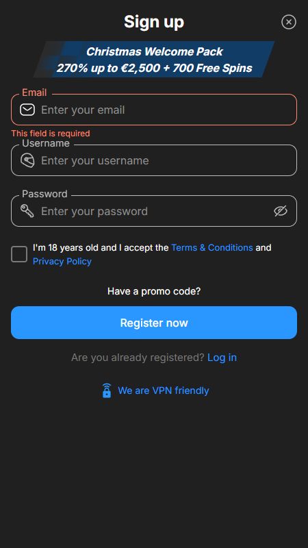 Konto loomine NeedForSpins