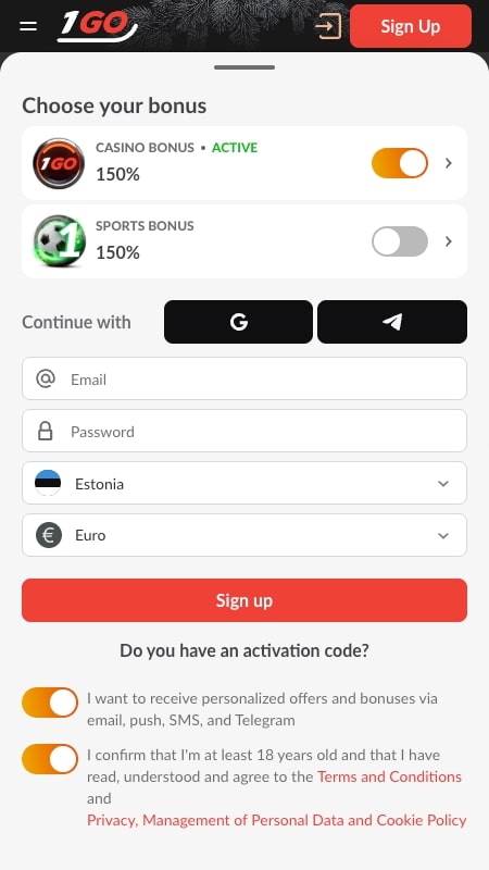 1Go Casino registreerimisprotsess: Sisestage oma kasutajaandmed