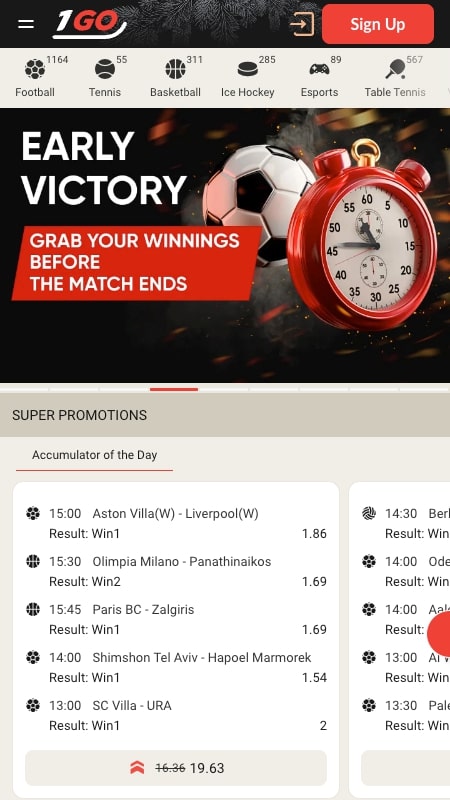 1Go Casino spordiennustuse liides