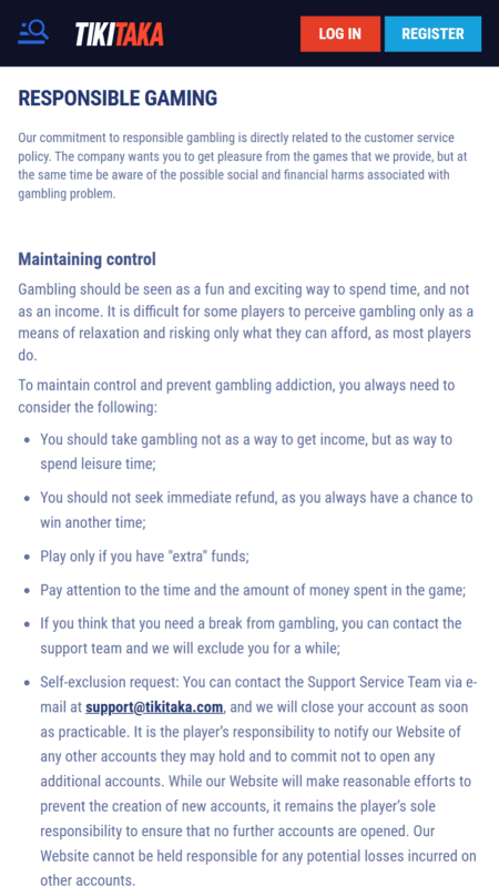 Tikitaka responsible gambling